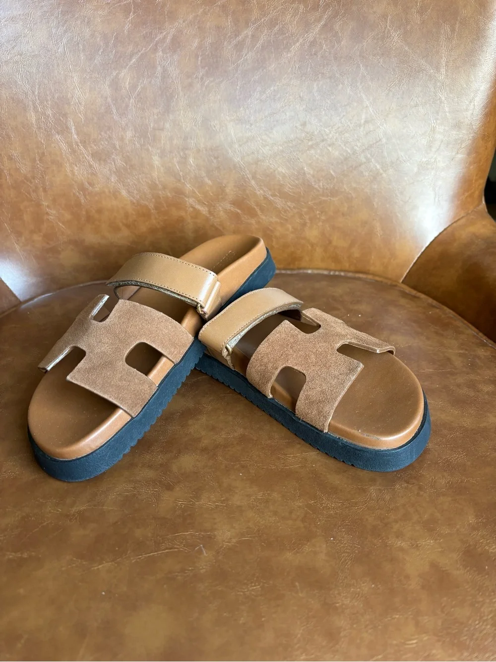 Steve Madden Harken Tan Cognac Leather Sandals H-cut Double Strap Size 8 - Picture 2 of 7